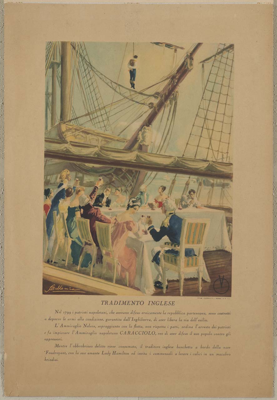 scena di banchetto su una nave con uomo impiccato (manifesto) di Bellomia Saro (sec. XX)