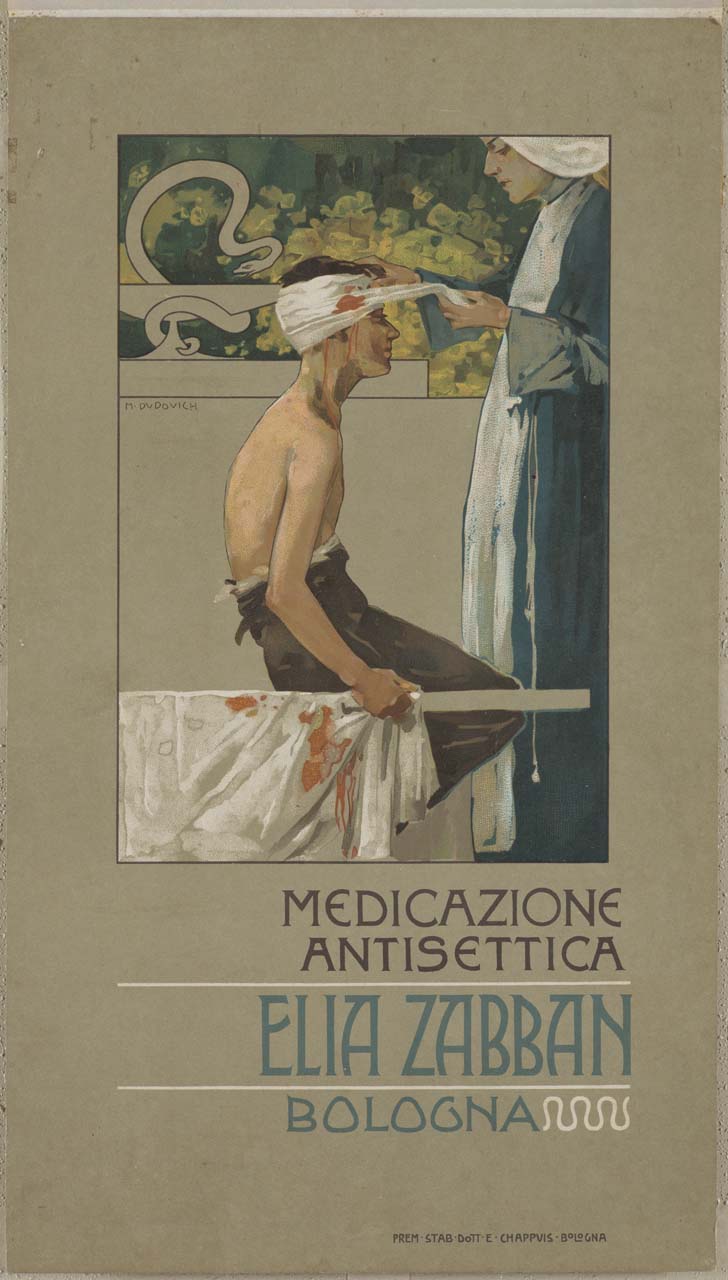 una donna fascia la testa a un giovane (manifesto) di Dudovich Marcello (fine/ inizio secc. XIX/ XX)