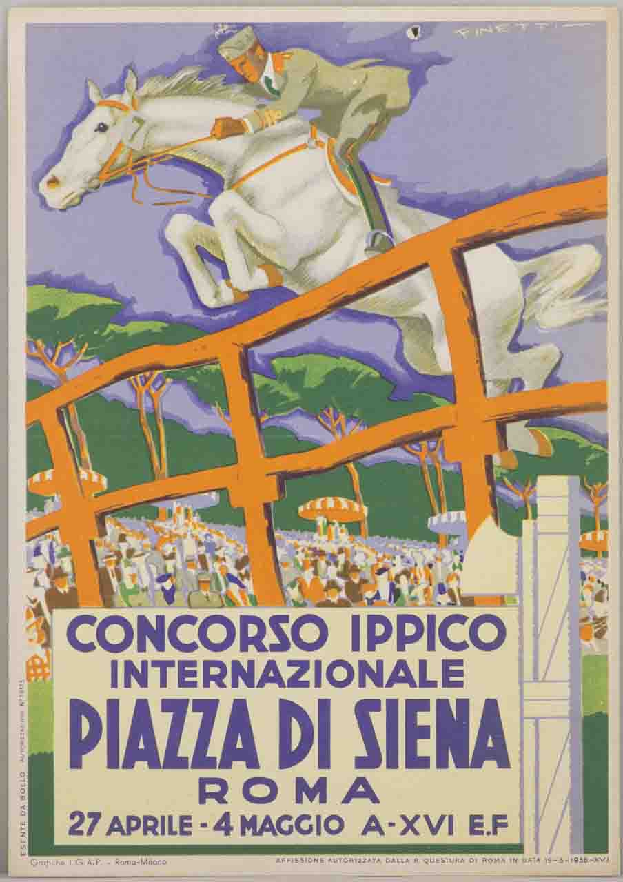 militare a cavallo salta una staccionata davanti al pubblico sullo sfondo di una pineta (locandina) di De Finetti Gino (sec. XX)