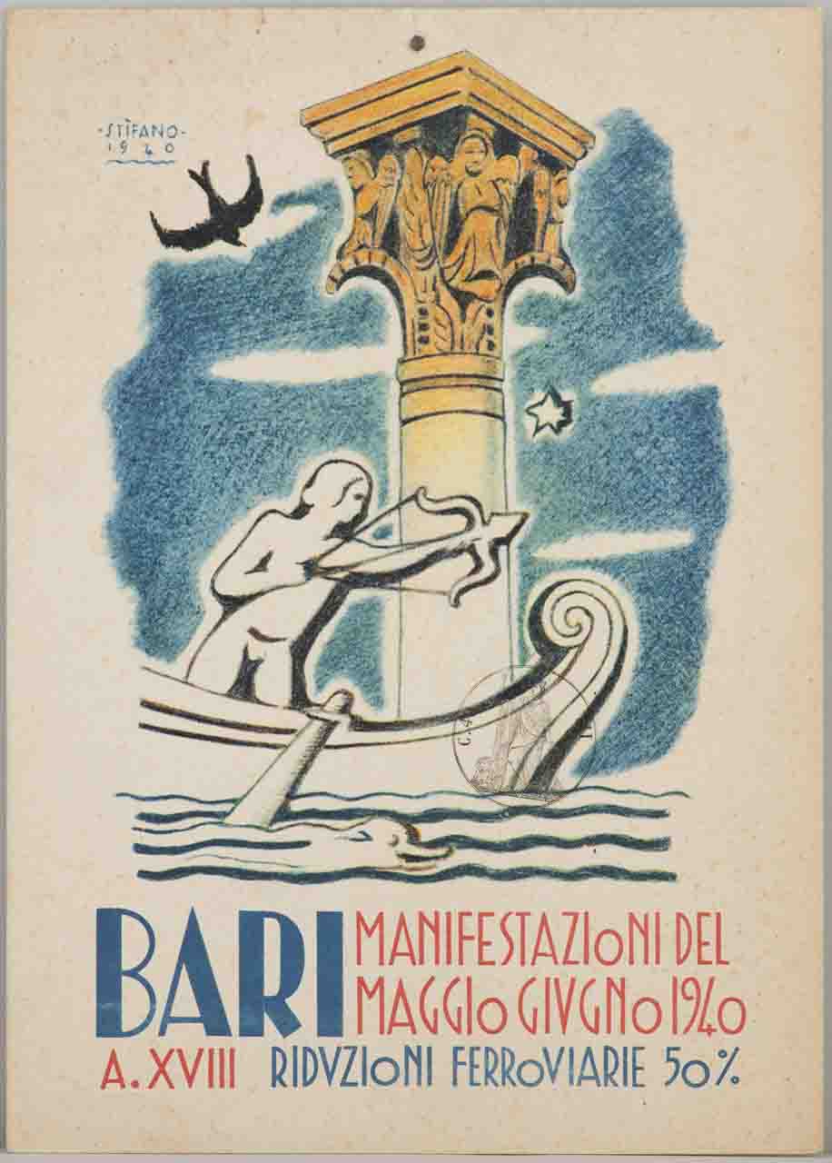 arciere in barca a remi in atto di scagliare una freccia con una colonna con capitello figurato sullo sfondo (locandina) di Stifano Vito (sec. XX)