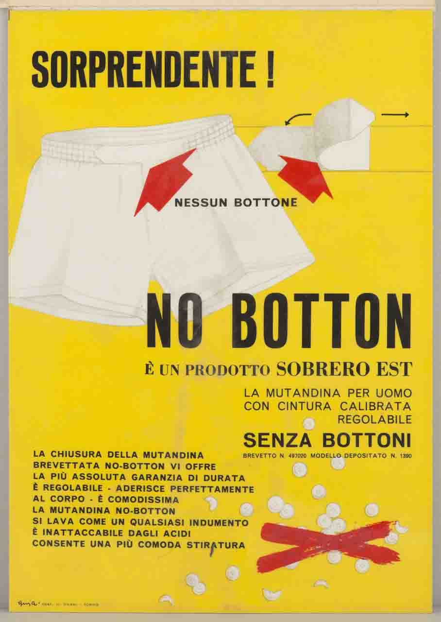 mutande da uomo bianche su sfondo giallo e bottoni cancellati da una croce rossa (locandina) di Studio U. Milani - ambito italiano (sec. XX)