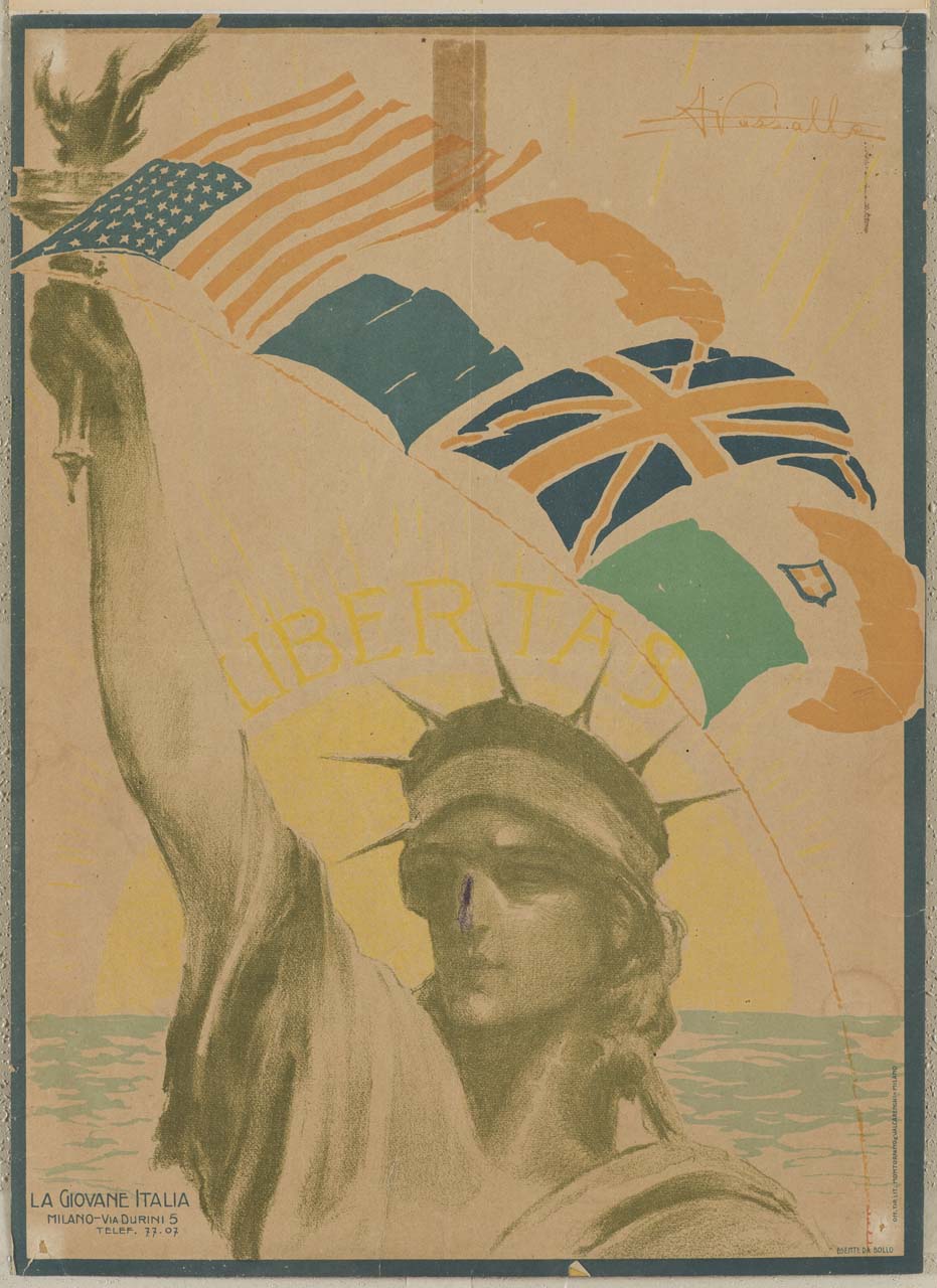 Statua della libertà con bandiere Americana, Francese, Italiana e del Regno Unito (manifesto) di Vassallo Armando (secc. XX)