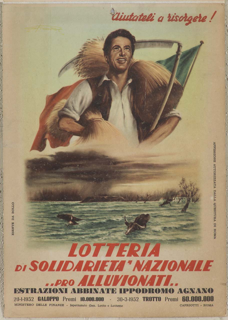 agricoltore con falcetto, fasci di grano e bandiera italiana (locandina) - ambito italiano (sec. XX)