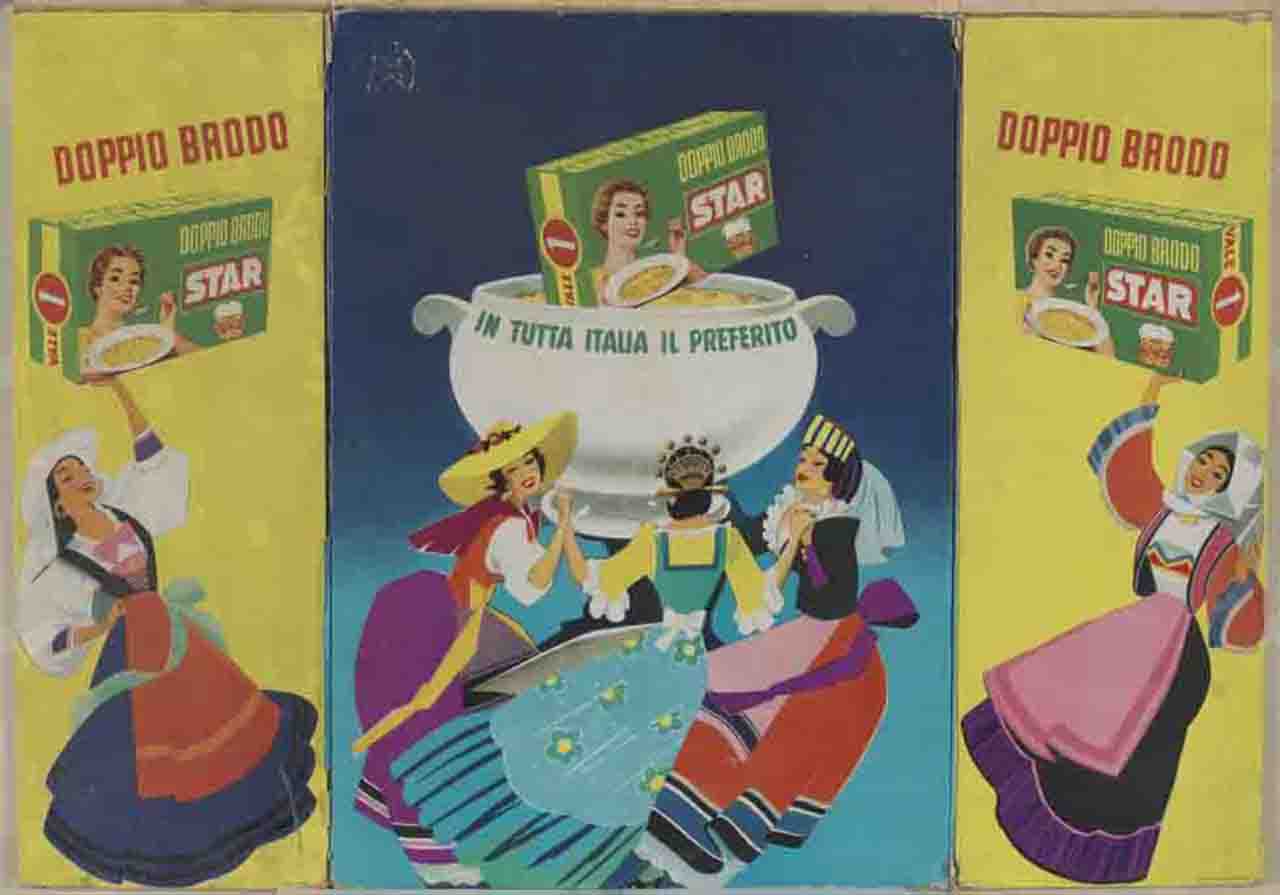 donne in costume folcloristico danzano portando confezioni di dado da brodo (tabella, stampa composita) - ambito italiano (sec. XX)