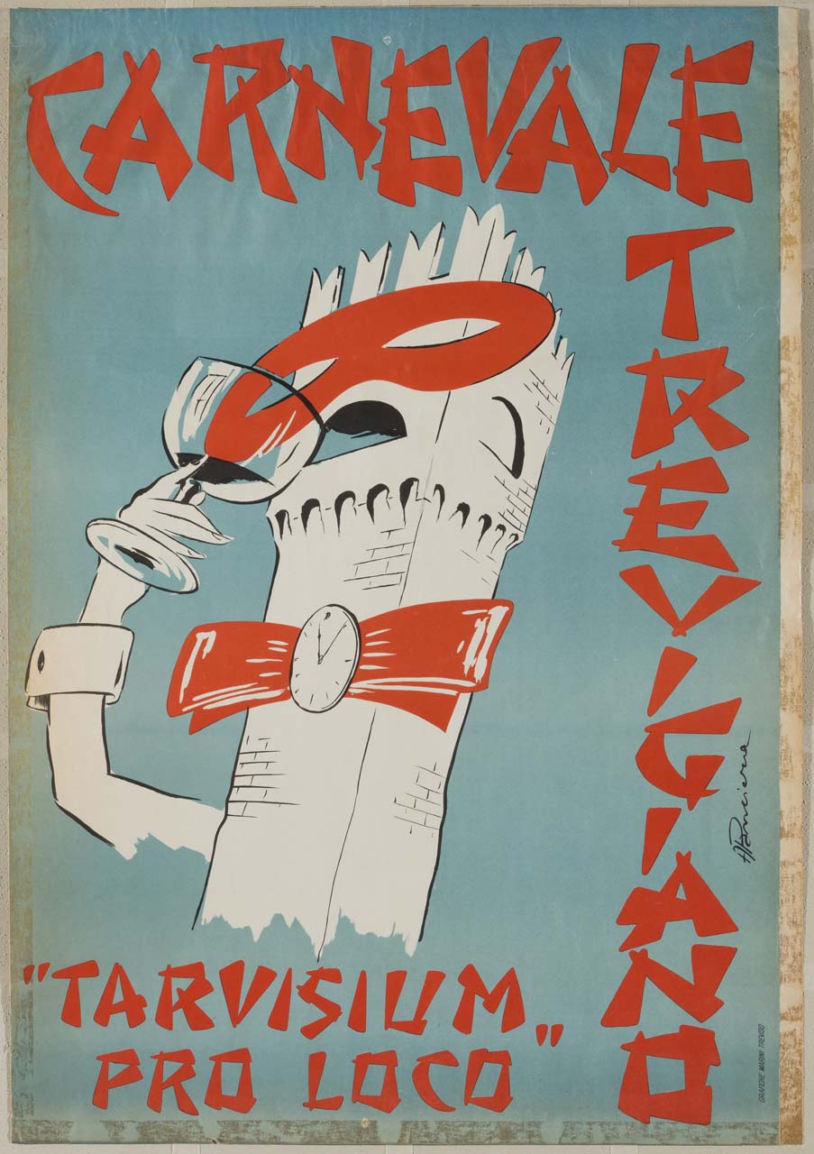 torre mascherata da carnevale che beve da un bicchiere (manifesto) di Panciera A (sec XX)