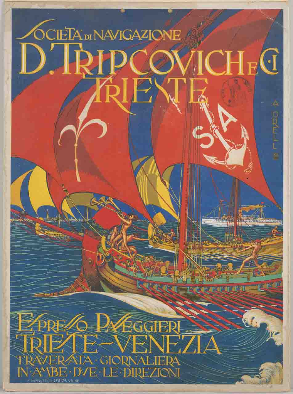 tre galee condotte da figure maschili nude scortano la nave Venezia attraverso la laguna di Venezia (locandina) di Orell Argio (sec. XX)