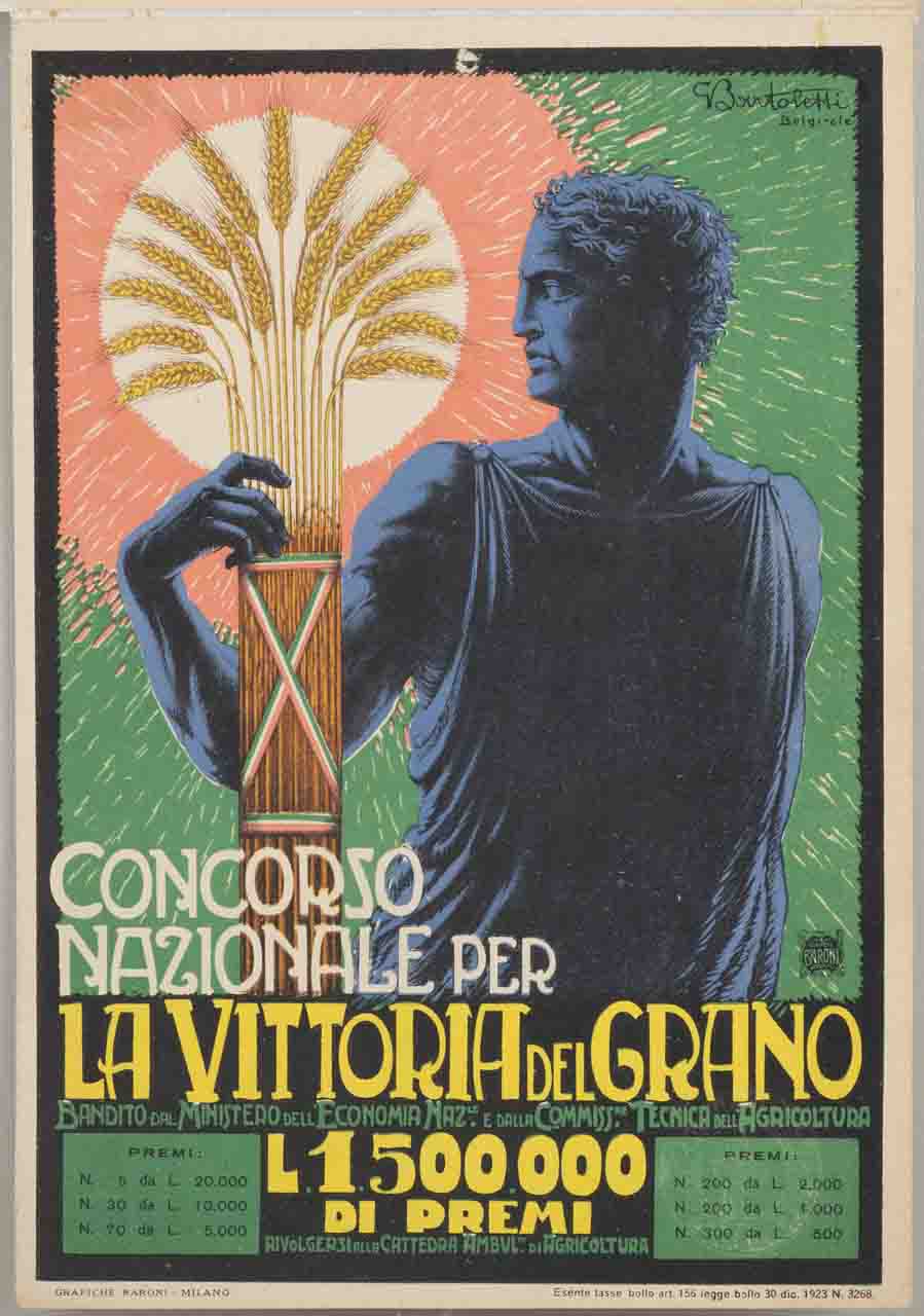 uomo di profilo in abito antico romano sorregge un fascio di grano (locandina) di Bartoletti G - ambito italiano (sec. XX)