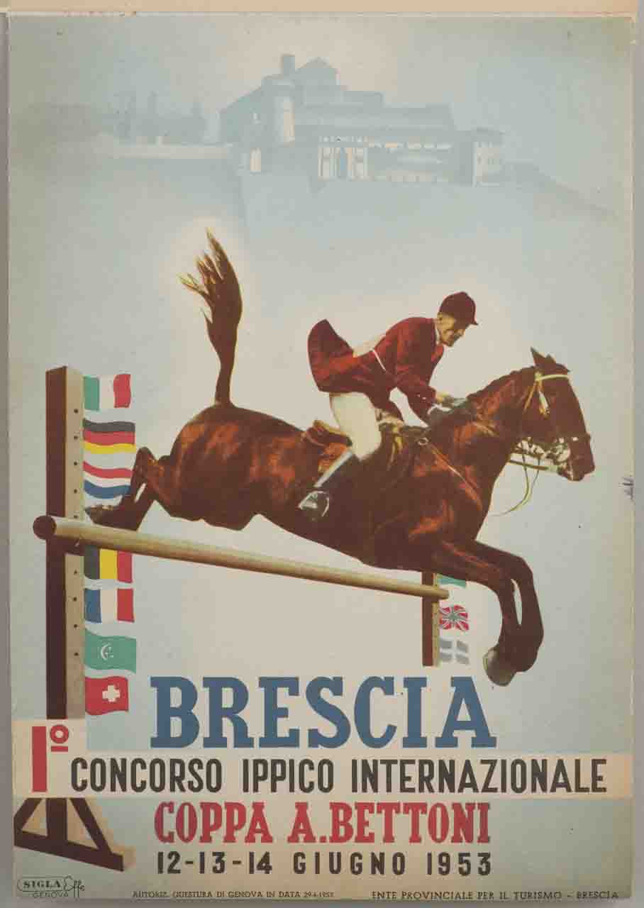 fantino a cavallo salta un ostacolo ornato da bandiere internazionali sullo sfondo del castello di Brescia (locandina) - ambito bresciano (sec. XX)