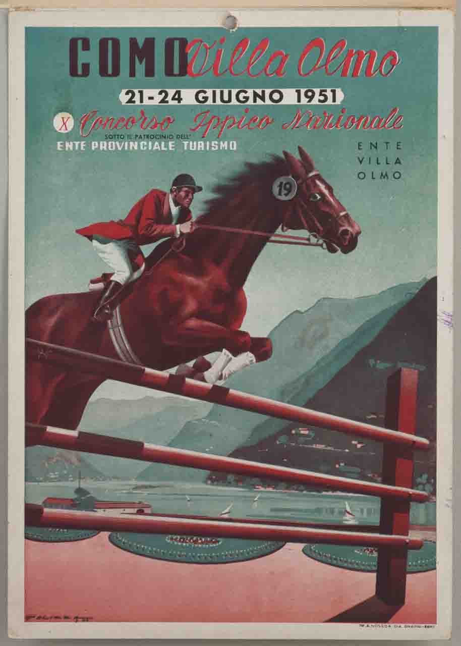 fantino a cavallo salta un ostacolo sullo sfondo del lago di Como (locandina) di Pelizzatti - ambito italiano (sec. XX)