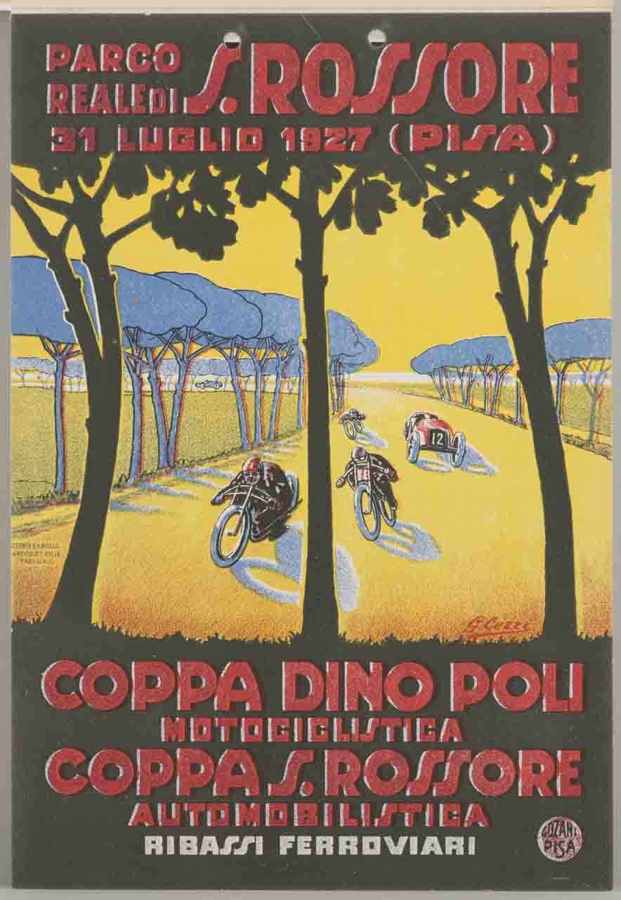 Motociclette e automobili da corsa in gara nel parco di San Rossore (locandina) di Cerri Guido (sec. XX)