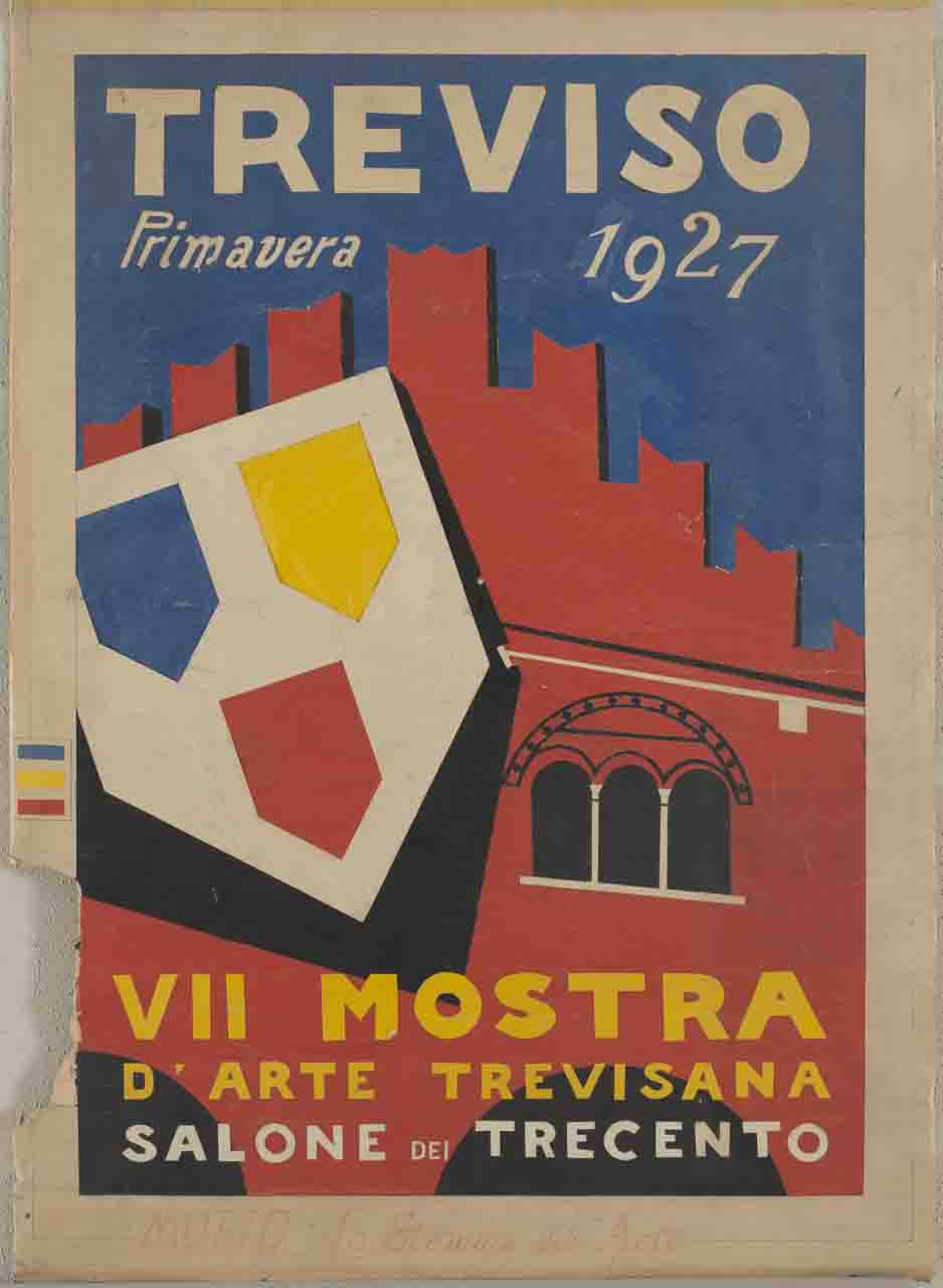 VII Mostra d'arte trevisana Treviso primavera 1927, palazzo dei Trecento di Treviso con in primo piano uno stendardo (collage) - ambito veneto (sec. XX)