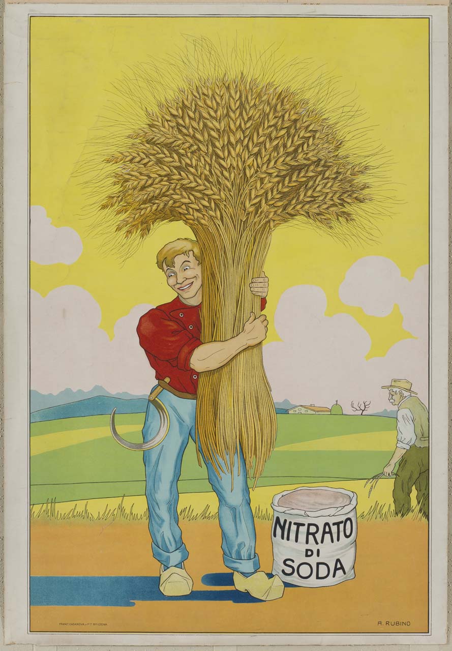 mietitore abbraccia una grande fascina di grano in un campo (locandina) di Rubino Antonio (prima metà sec. XX)
