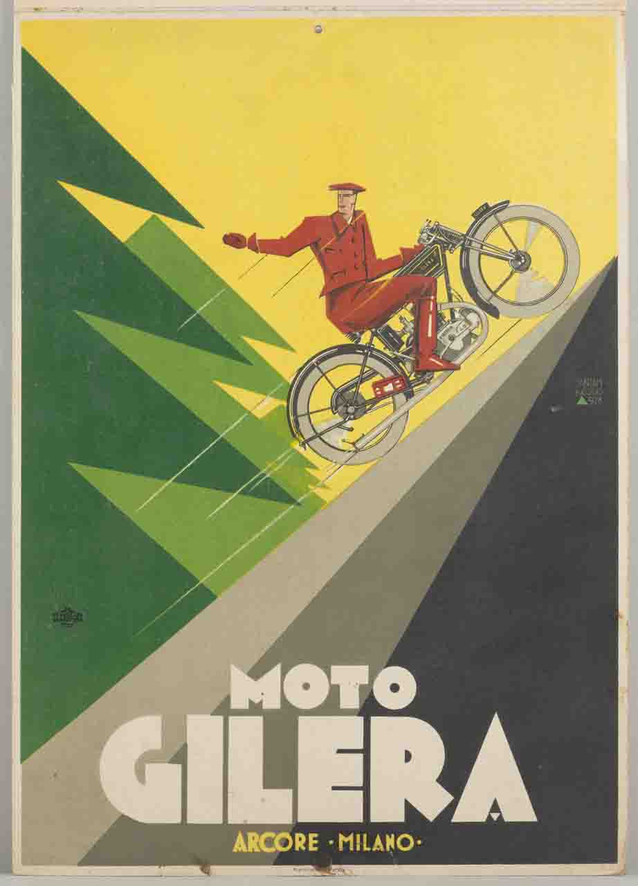 motociclista vestito di rosso saluta a cavallo di una moto Gilera (locandina) di Santambrogio Diego (sec. XX)
