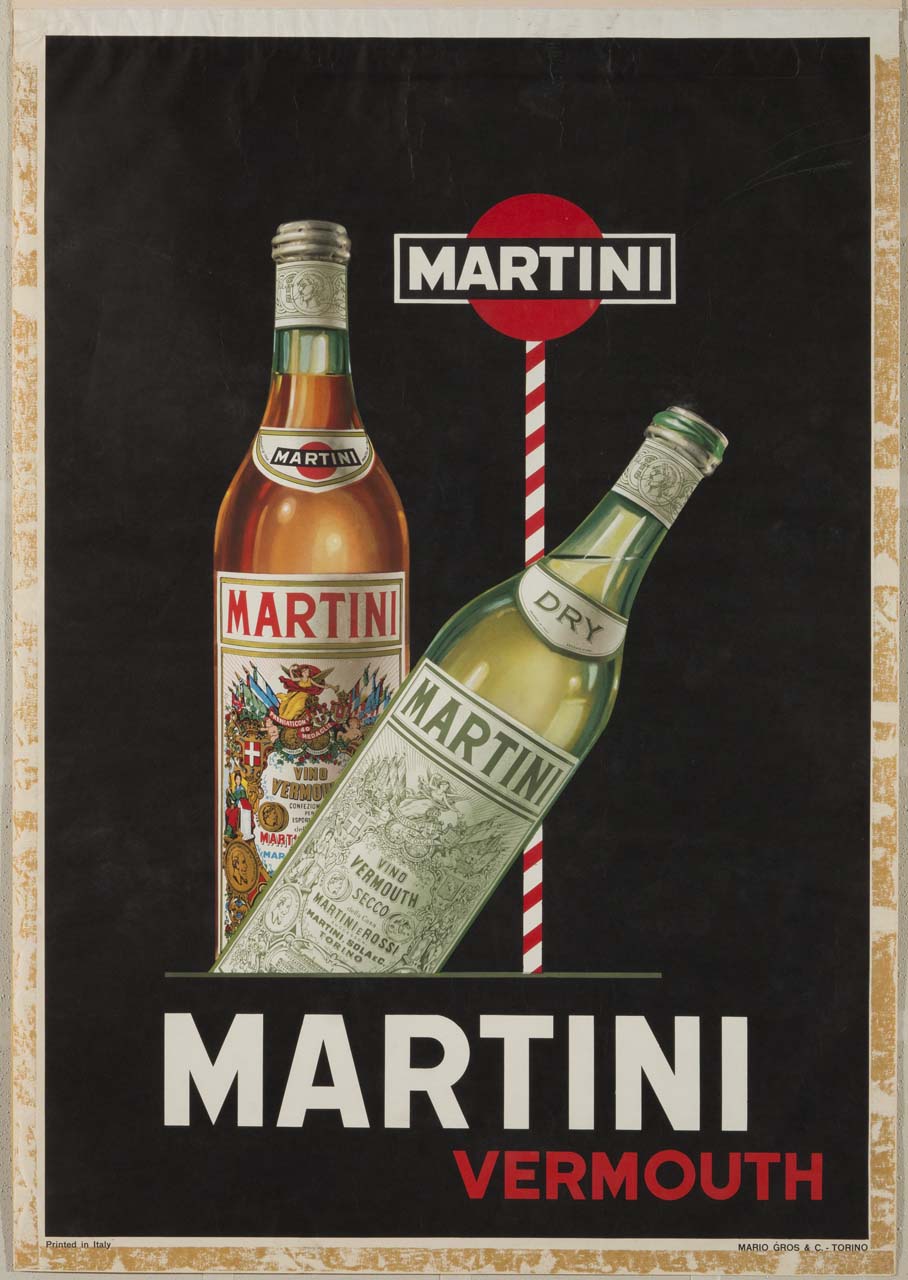 due bottiglie di Martini, una in piedi e una inclinata, con cartello segnaletico recante la scritta Martini (manifesto) - ambito piemontese (sec. XX)