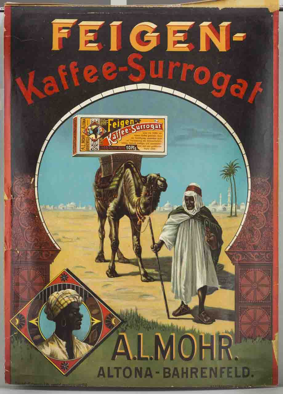 cammelliere conduce un cammello con una grande scatola di caffe di fichi sulla sella (manifesto) - ambito tedesco (sec. XX)