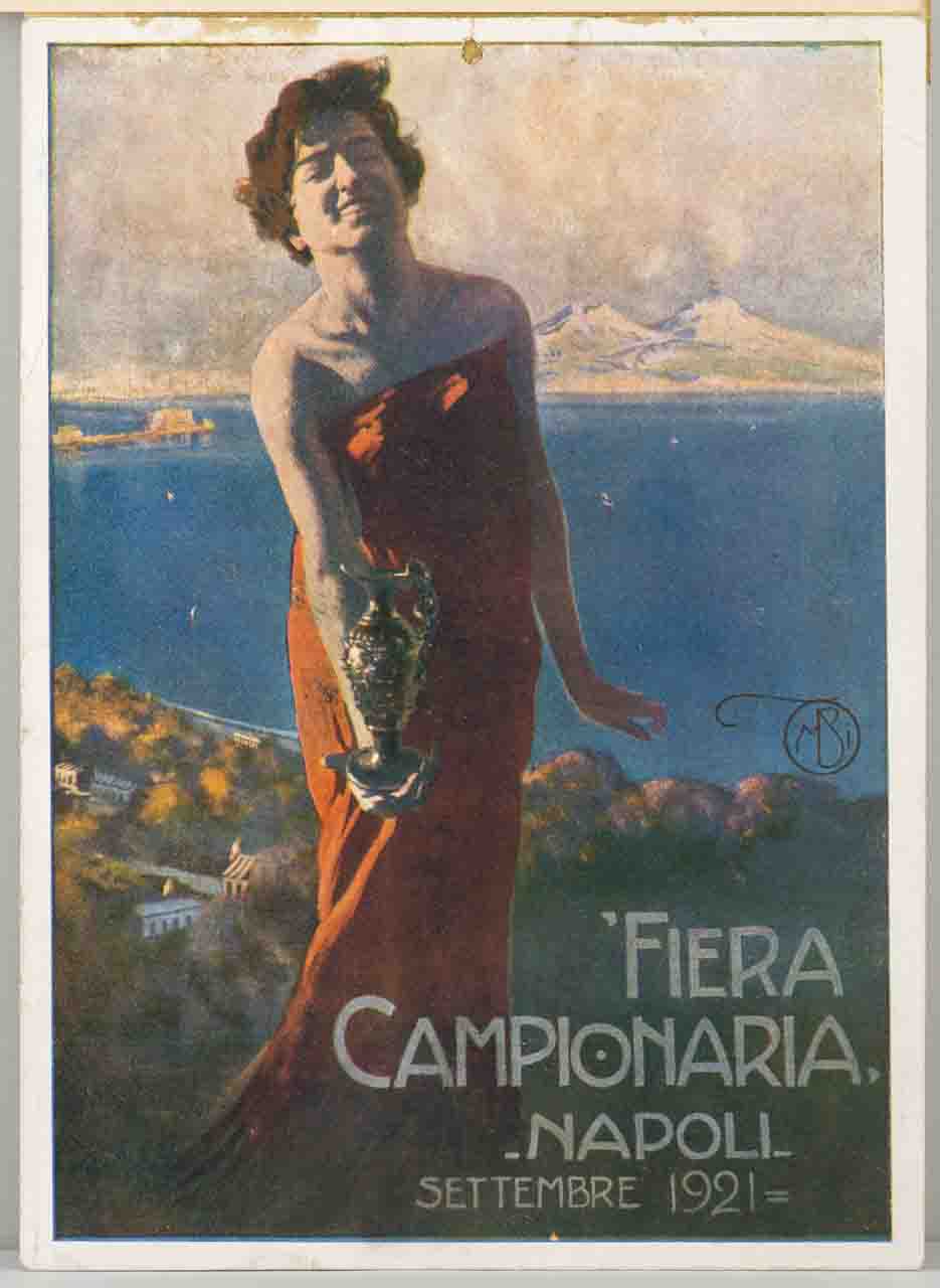 donna sorridente con un'anfora in mano sullo sfondo del golfo di Napoli (locandina) di Borgoni Mario (sec. XX)