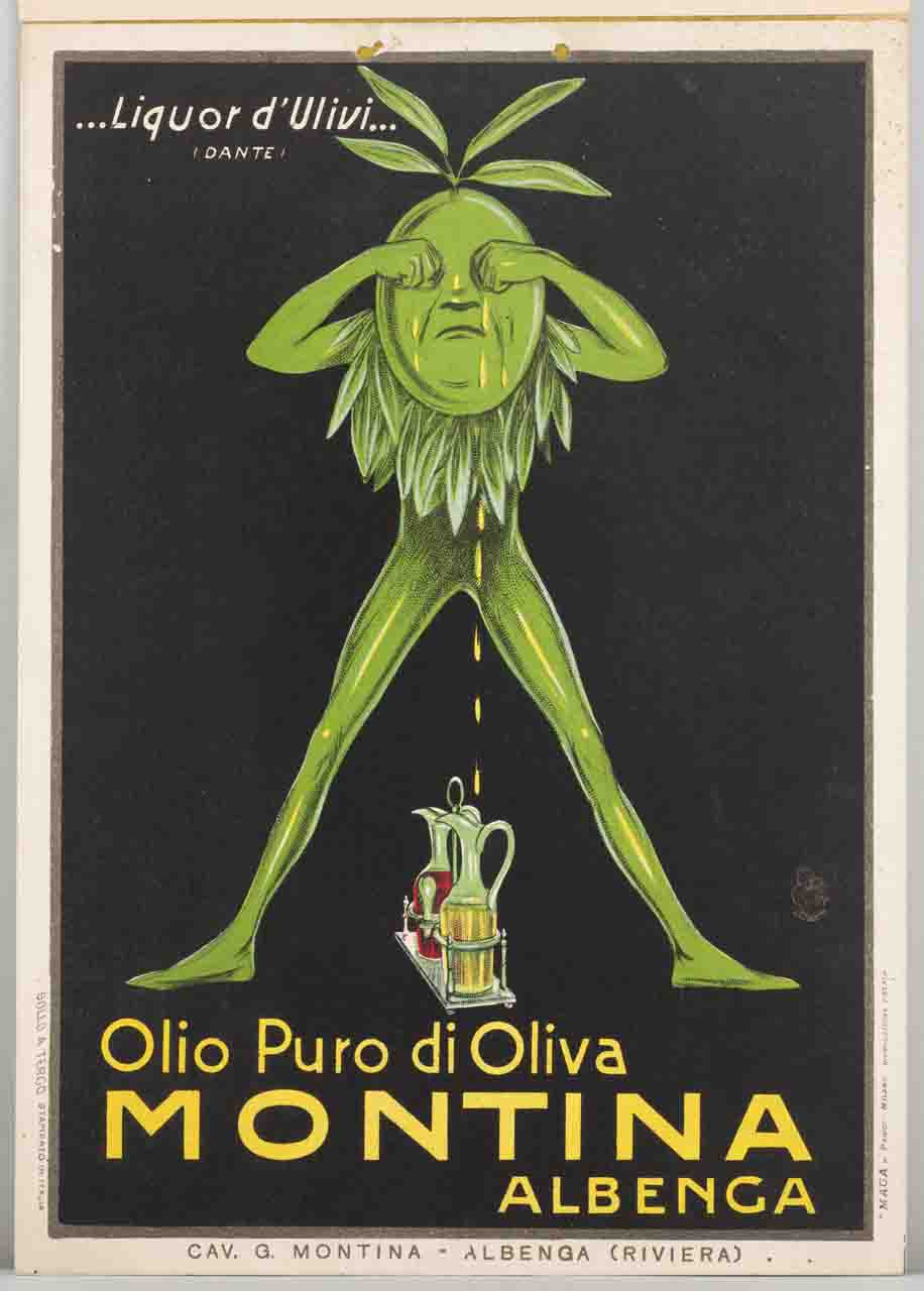 folletto verde con testa di oliva si sfrega gli occhi e fa sgocciolare olio in un'oliera (locandina) di MAGA (sec. XX)