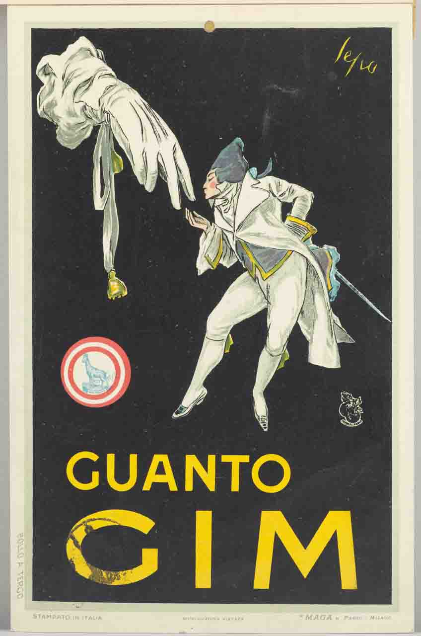 folletto in abito settecentesco fa un inchino con baciamano a un guanto bianco (locandina) di Pozzati Severo detto Sepo, MAGA (sec. XX)