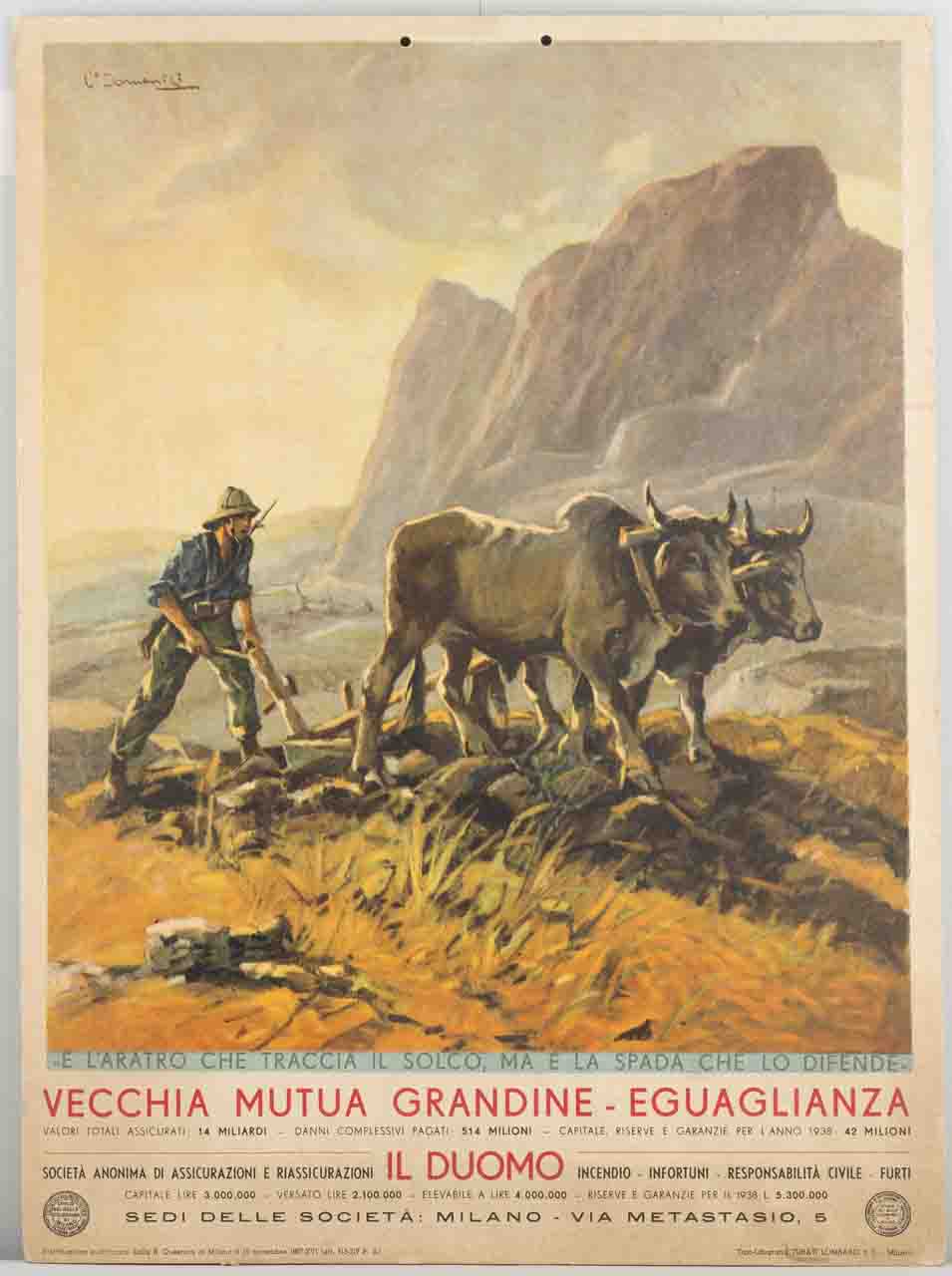 soldato ara un terreno pietroso con aratro tirato da coppia di buoi sullo sfondo di un monte (locandina) di Domenici Carlo (sec. XX)