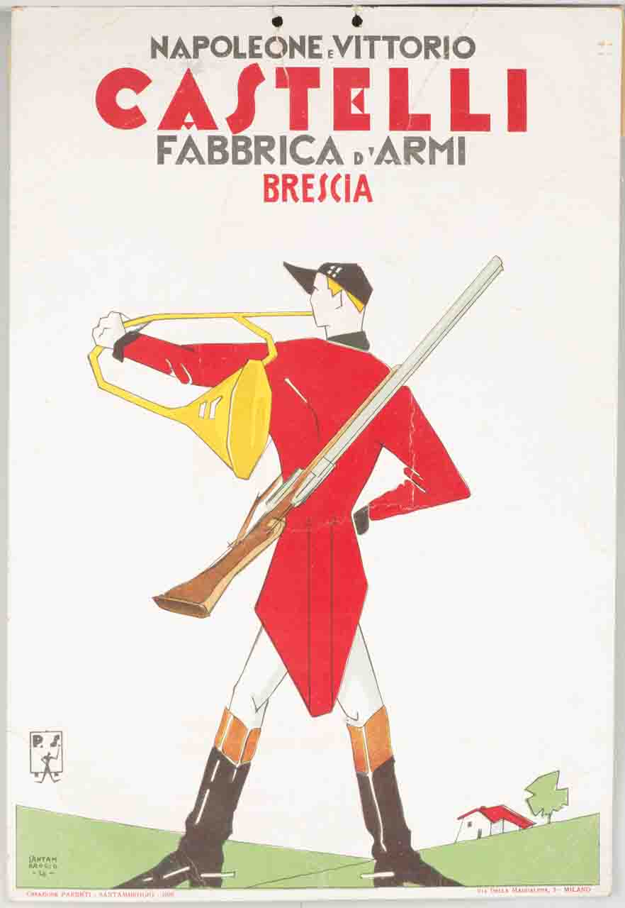 cacciatore in tenuta tradizionale da cavaliere con giacca rossa suona il corno da caccia (locandina) di Santambrogio Diego (sec. XX)
