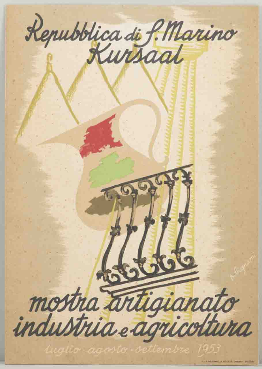 brocca dipinta e ringhiera in ferro battuto (locandina) di Bignami Paolo (sec. XX)