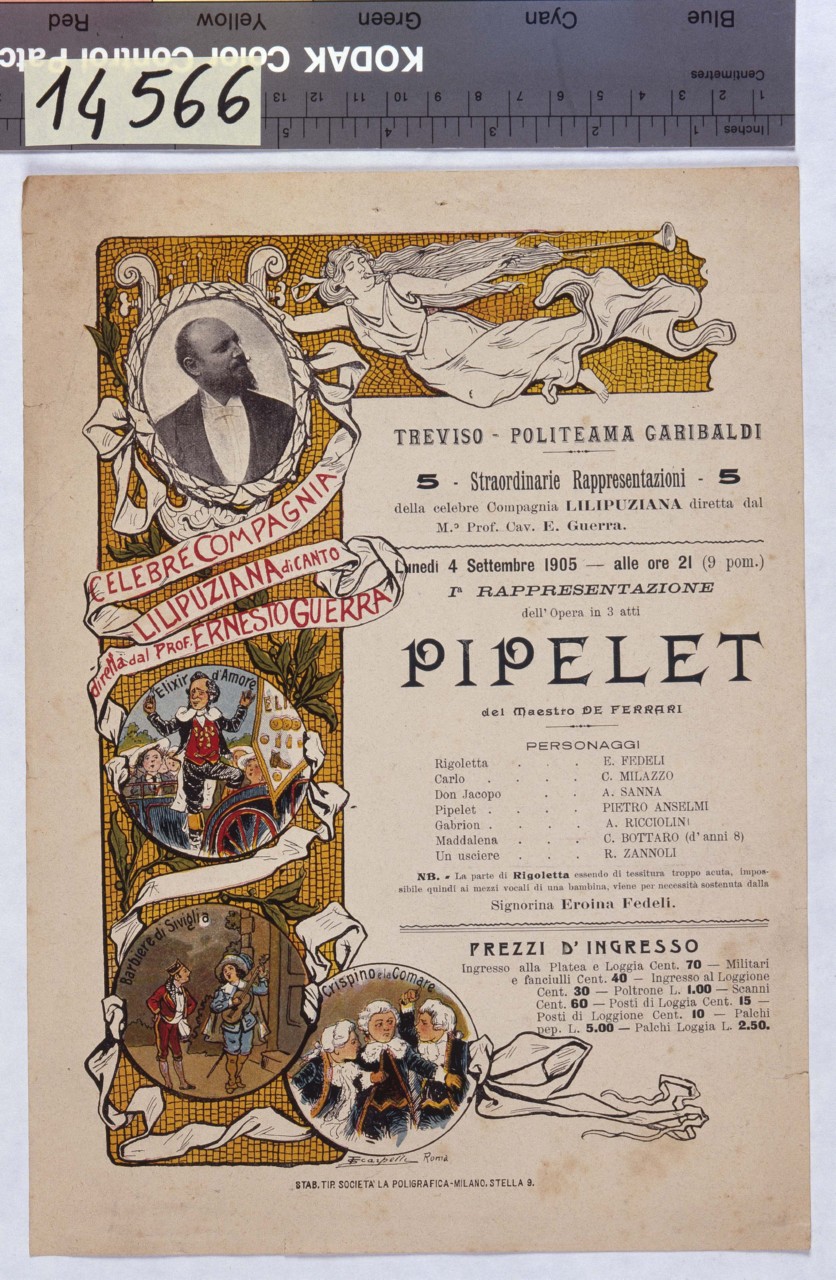 figura femminile suona una tromba e sorregge una cornice ovale con ritratto, da cui parte un nastro che unisce tondi rappresentanti scene di opere teatrali (locandina) di Scarpelli Filiberto (sec. XX)