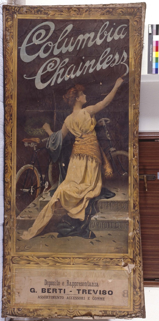 donna con corona di alloro in mano onora una bicicletta e traccia su un muro la scritta Columbia Chainless (manifesto) - ambito americano (sec. XIX)