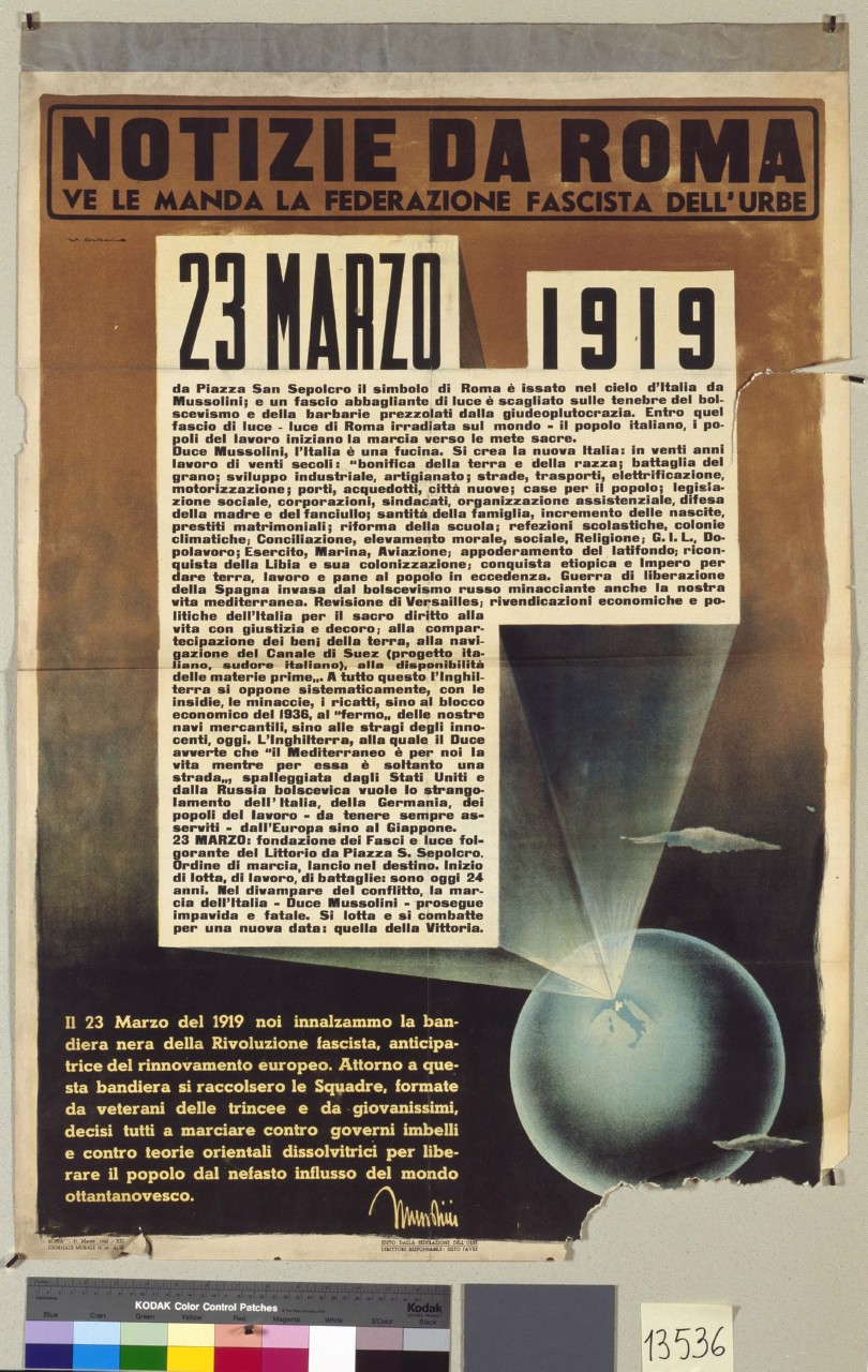 globo terrestre con sagoma dell'Italia da cui si dipartono i raggi (manifesto) di Roveroni Walter (sec. XX)