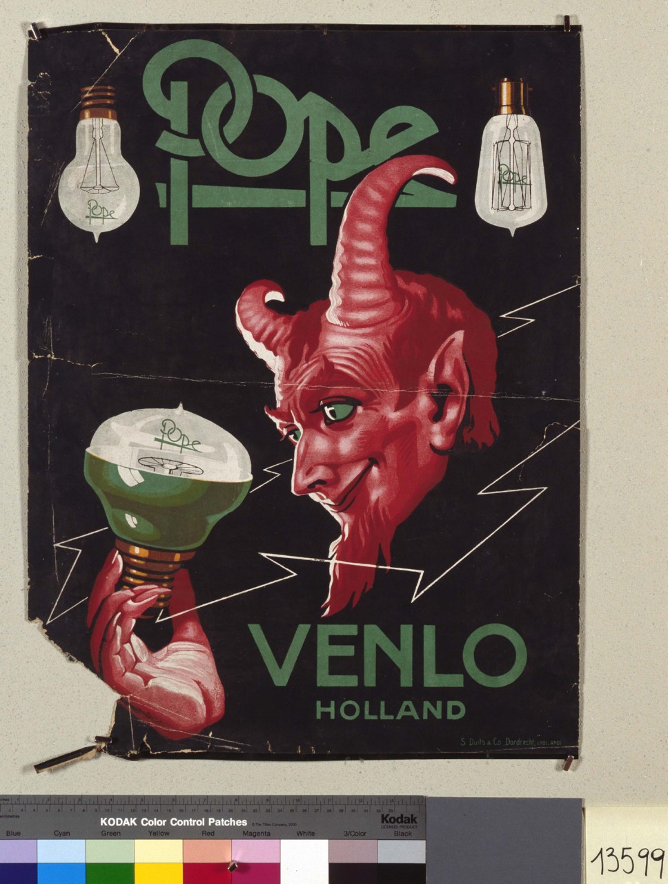 un diavolo sorridente ammira una lampadina (locandina) - ambito olandese (inizio sec. XX)