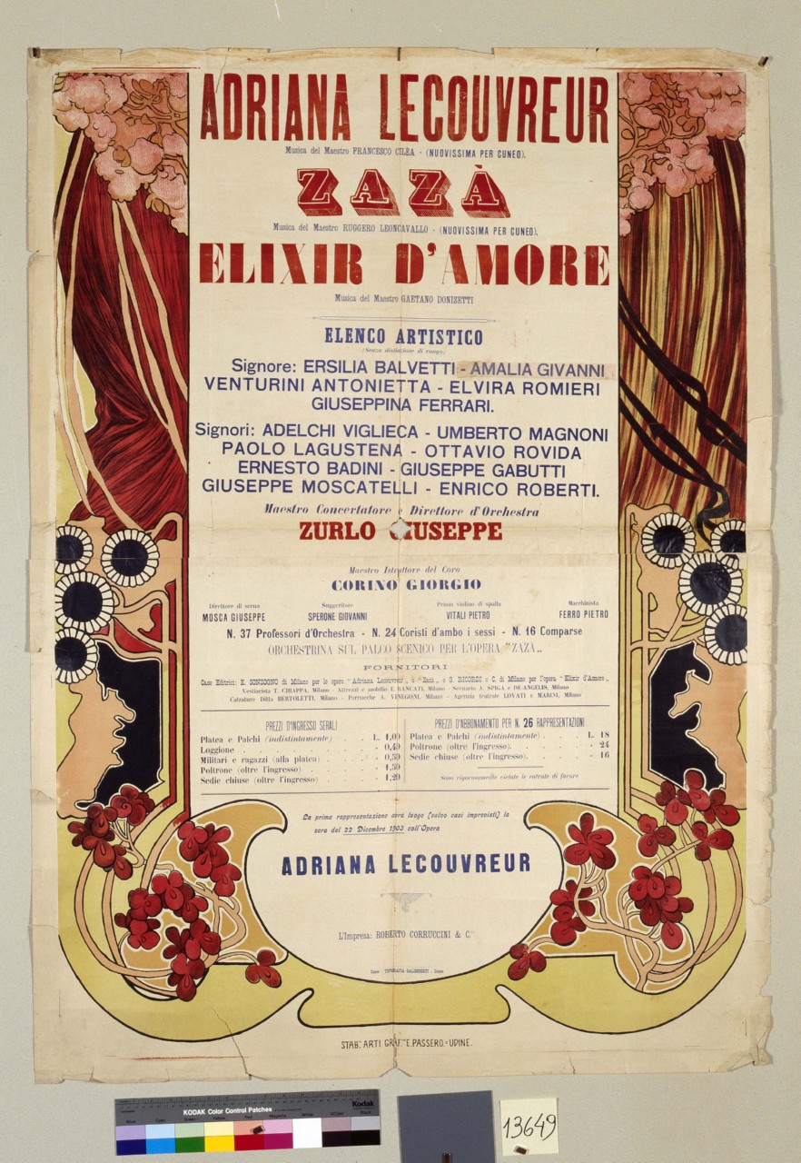 riquadro con scritte sullo sfondo di una decorazione fitomorfa (manifesto, stampa composita) - ambito italiano (sec. XX)