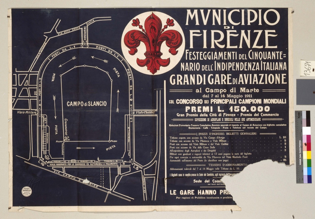 stemma di Firenze tra scritte pubblicitarie e circuito di gara (manifesto) - ambito italiano (sec. XX)