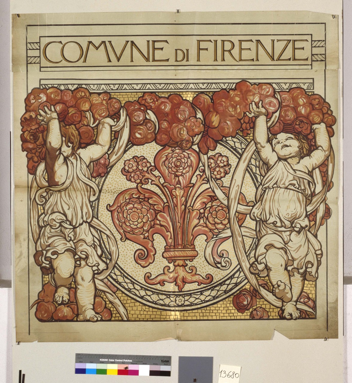 due angioletti sorreggono una ghirlanda di fiori (manifesto, stampa composita) di Chini Galileo (sec. XX)