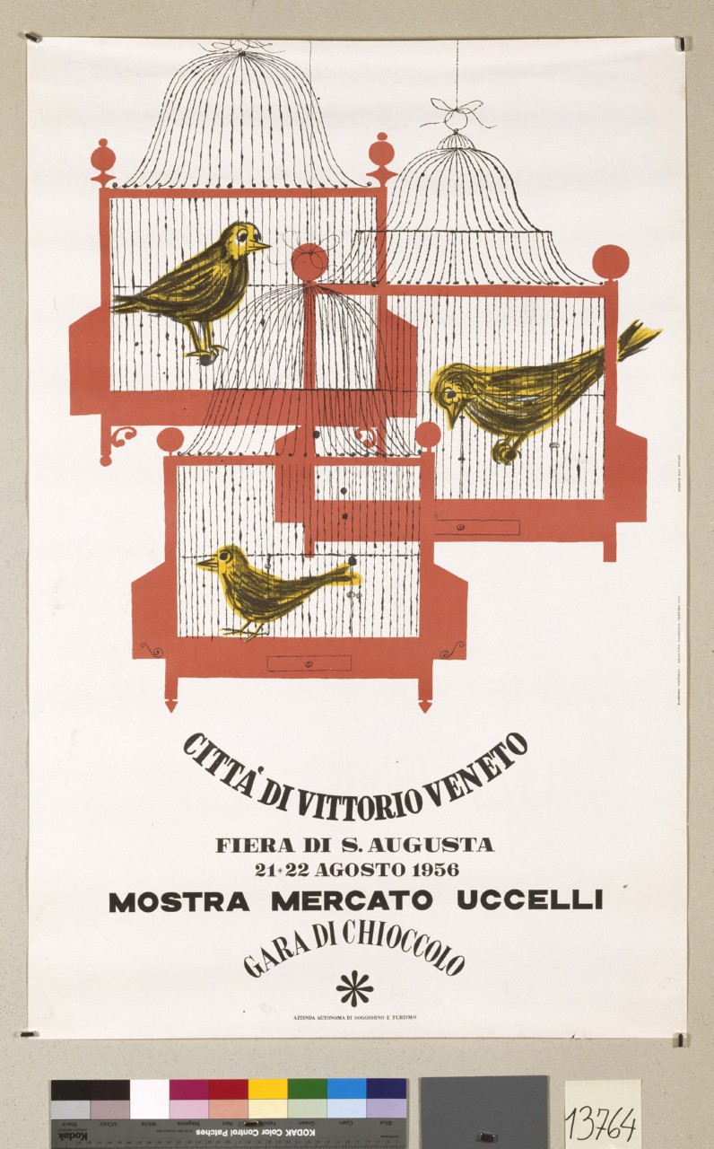tre uccelli in gabbia (manifesto) di Vignelli Massimo (sec. XX)