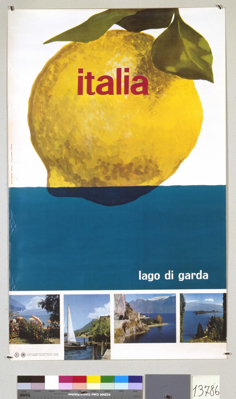 vedute del Lago di Garda sopra le quali galleggia un grande limone (manifesto) - ambito italiano (terzo quarto sec. XX)