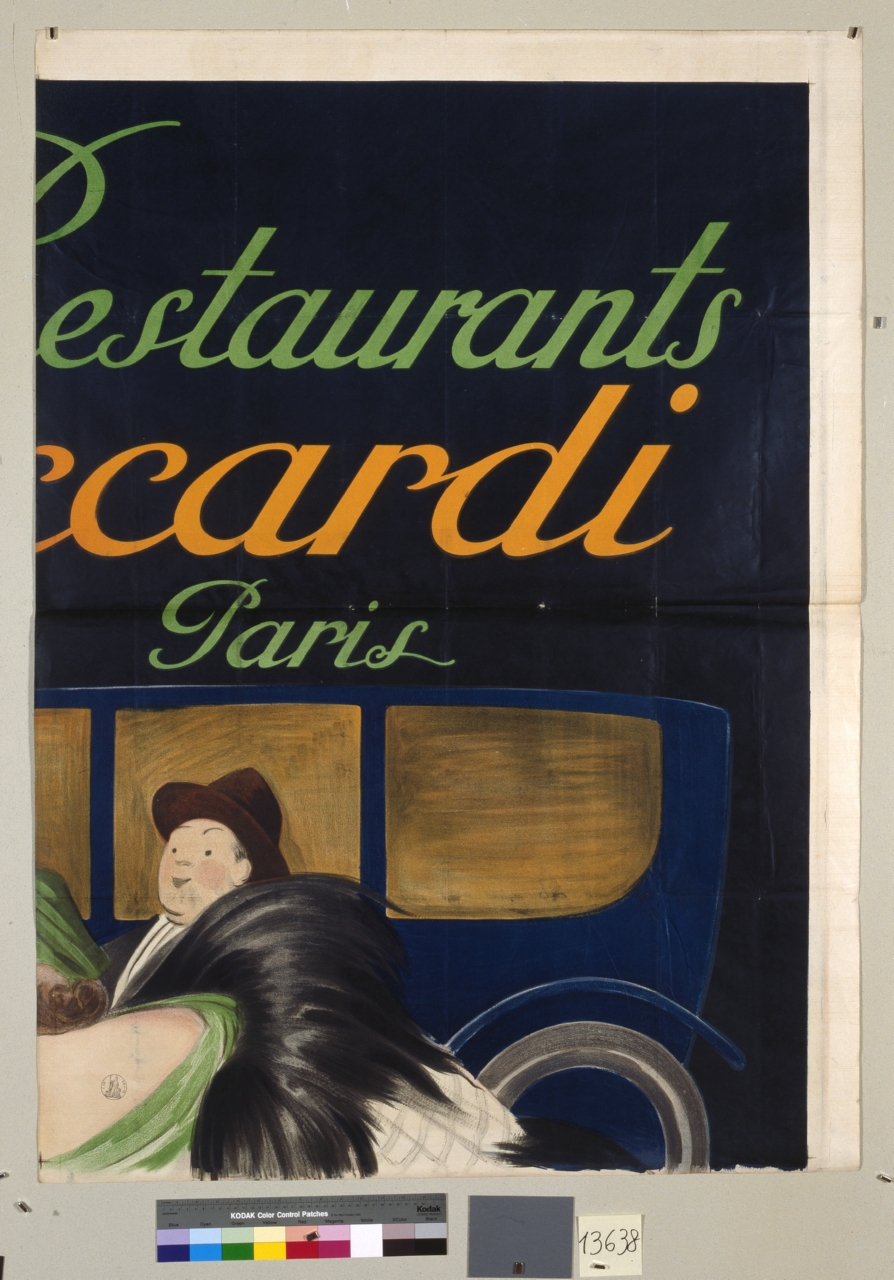 uomo con cappello accanto a una macchina (manifesto) - ambito francese (sec. XX)