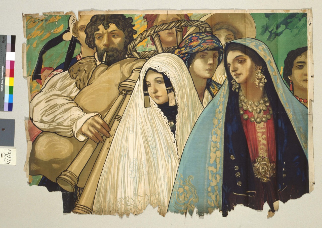 un uomo suona la zampogna tra un gruppo di donne in abiti folcloristici (manifesto) di Chini Galileo (sec. XX)