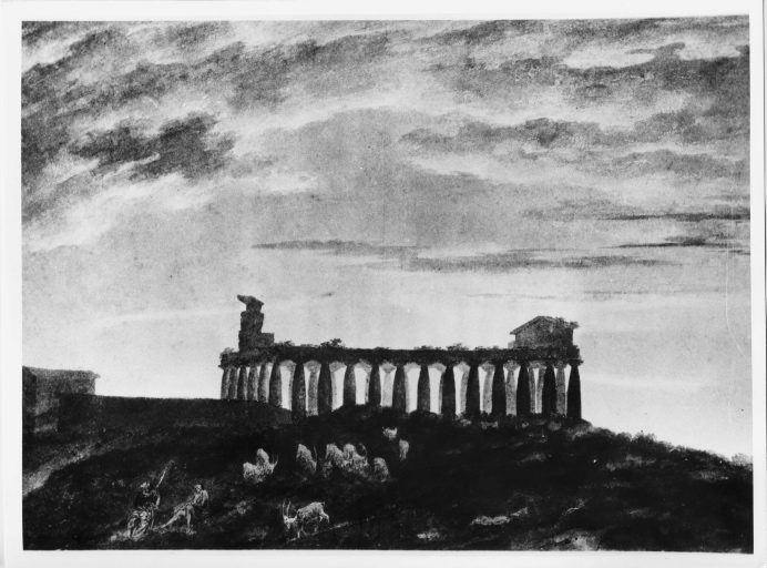 Paestum - Tempio di Nettuno - Tempio di Hera/Basilica - veduta (positivo) di Cozens, John Robert, anonimo (seconda meta' XX)