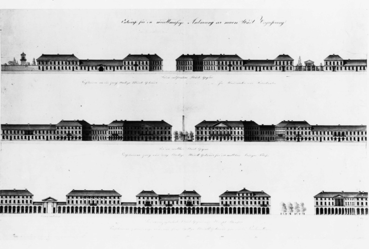 Rondellplatz - palazzi - progetto - prospetto (positivo) di Weinbrenner, Friedrich, anonimo (seconda meta' XX)