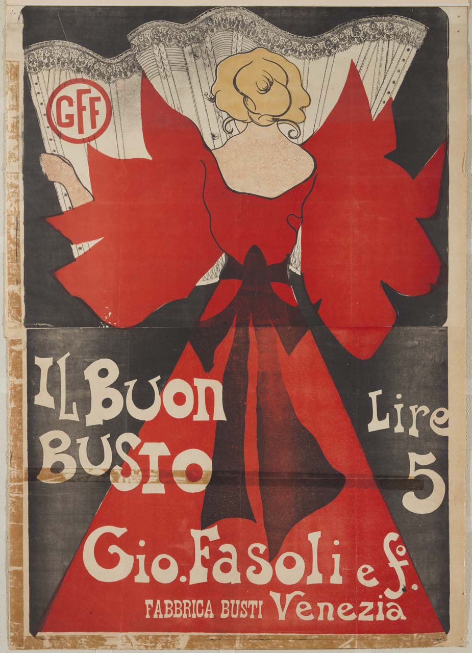donna di spalle con abito rosso dispiega un corsetto femminile (manifesto) - ambito italiano (sec. XX)