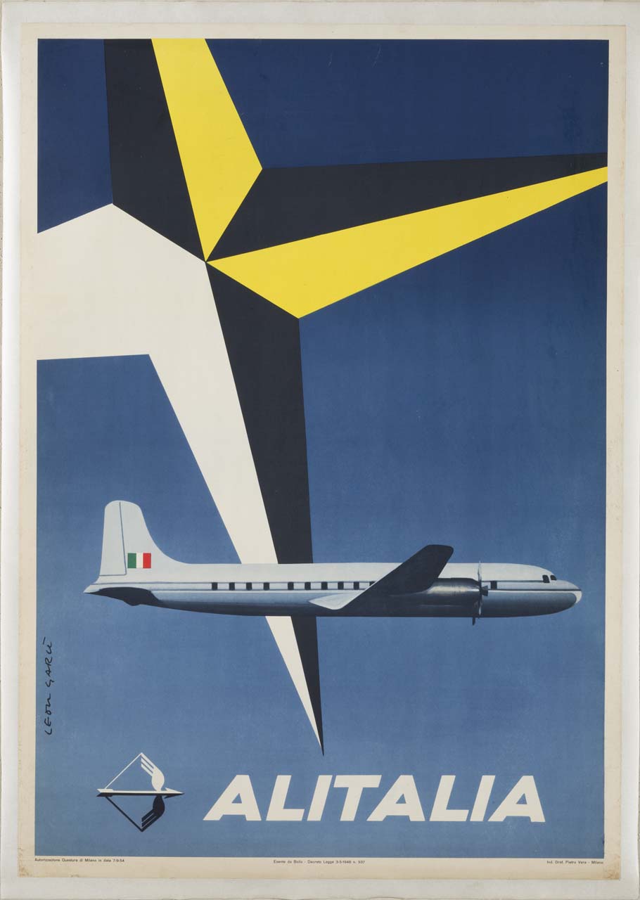 aeroplano in volo e grande rosa dei venti (manifesto) di Broggini Luigi detto Leon Garù (sec. XX)