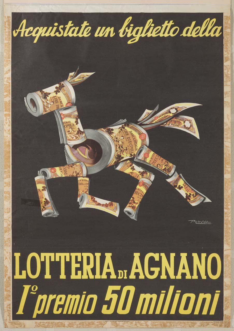cavallo in corsa raffigurato con rotoli di banconote (manifesto) di Punch - ambito italiano (sec. XX)