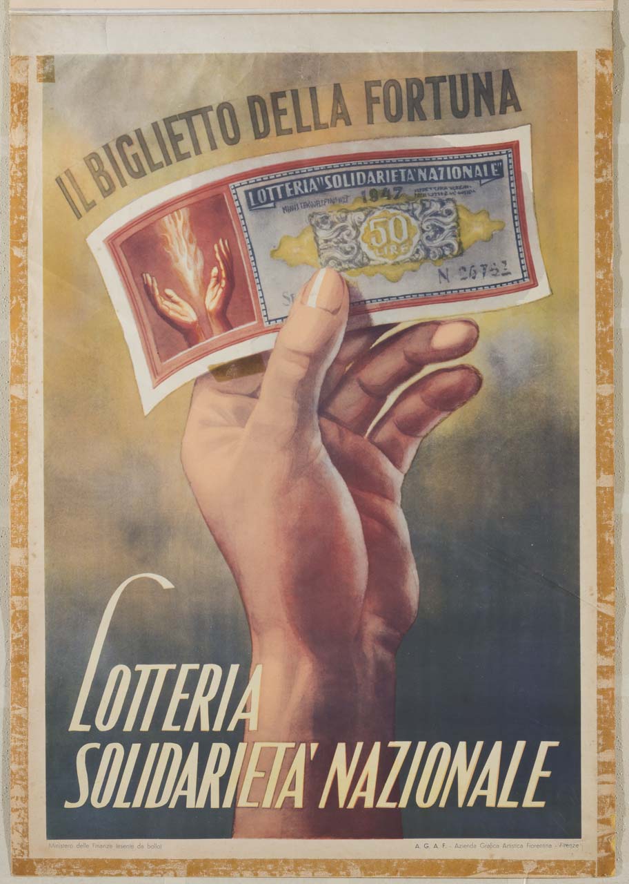 mano impugna un biglietto della lotteria (manifesto) - ambito italiano (sec. XX)