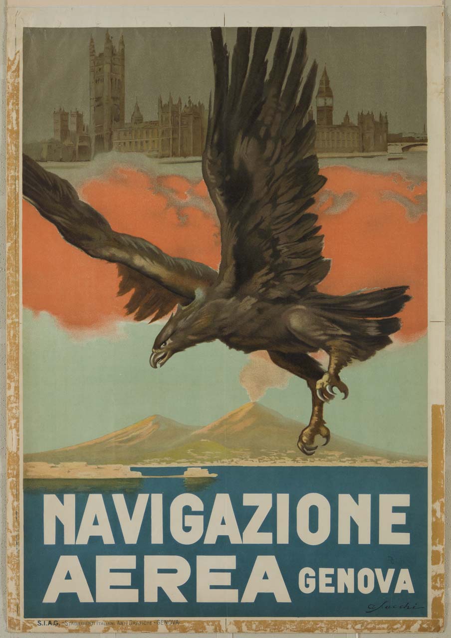 aquila in volo sullo sfondo delle città di Londra e di Napoli (manifesto) di Sacchi Agostino Luigi (sec. XX)