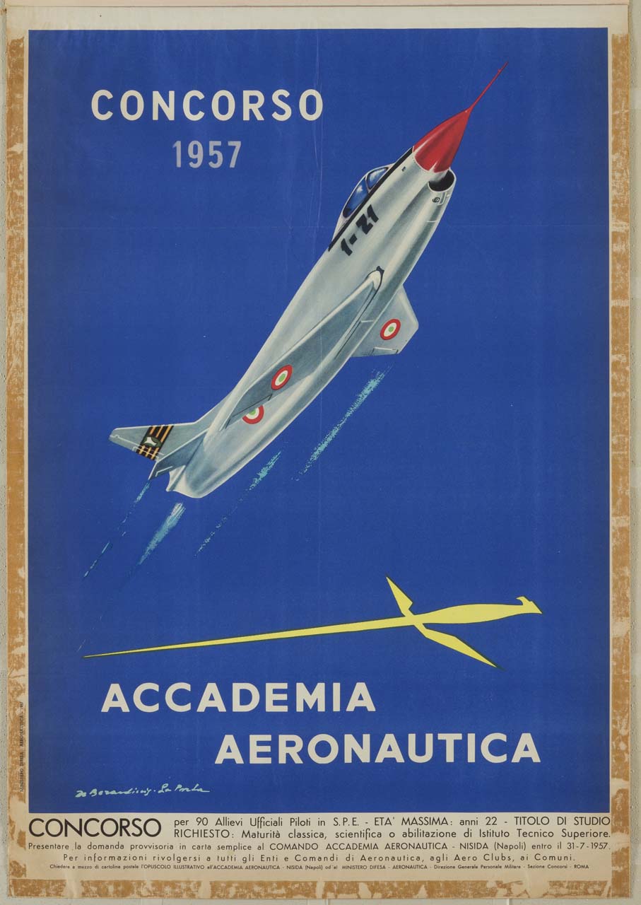 aeroplano militare durante decollo e spadino di cadetto (manifesto) di La Porta, De Berardinis - ambito italiano (sec. XX)