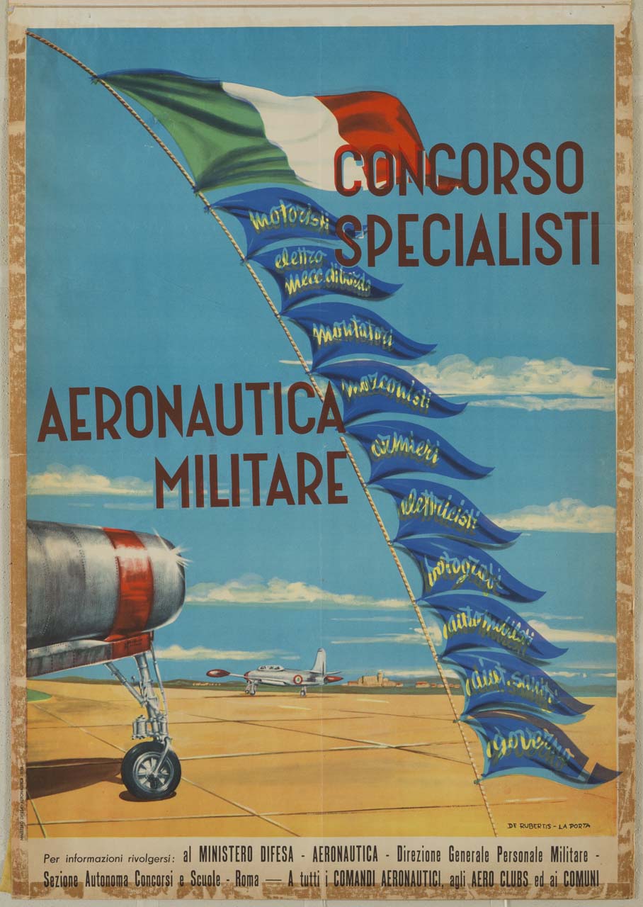 piazzale d'aeroporto con aeroplani, bandiera italiana e fila di bandierine triangolari (manifesto) di La Porta, De Rubertis (sec. XX)