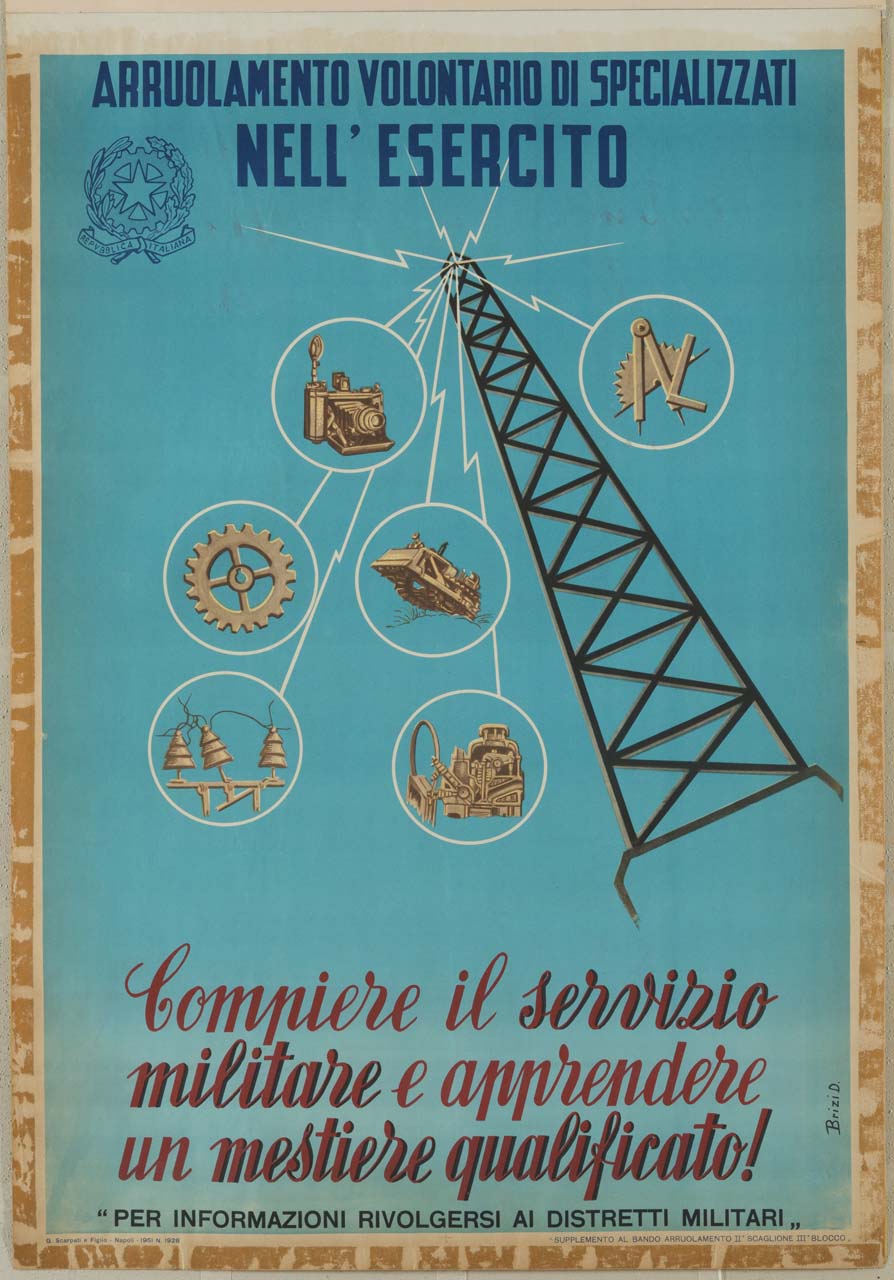 antenna radio da cui partono onde a indicare strumentazioni militari (manifesto) di Brizi D (sec. XX)