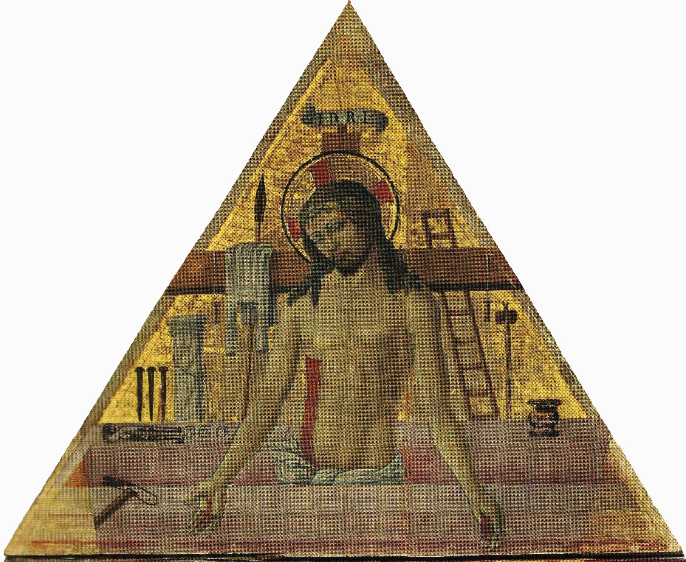Cristo in pieta', Cristo in pietà con i simboli della passione (dipinto) di Maestro dei Polittici Crivelleschi (attribuito) (fine sec. XV)