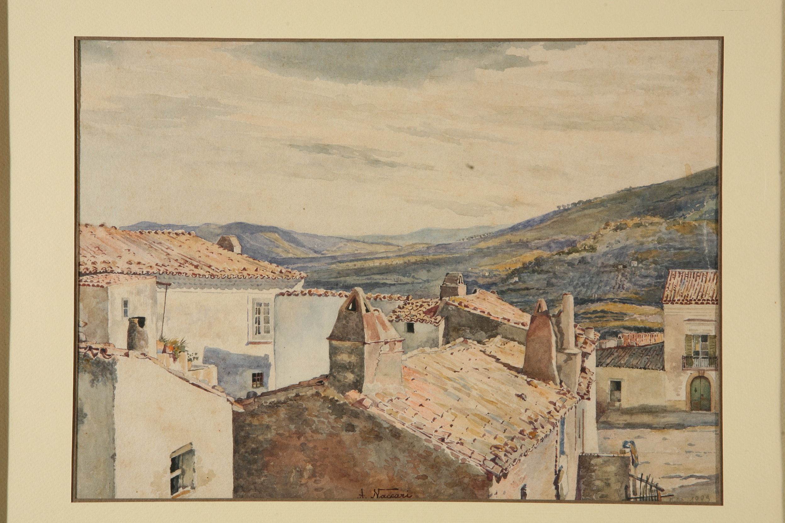 Paesaggio collinare d'inverno, veduta di Melfi (disegno, opera isolata) di Naccari Aristide (ultimo quarto sec. XIX)