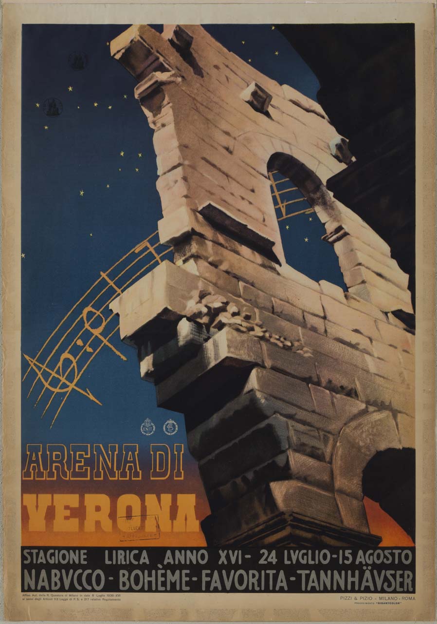 particolare dell'Arena di Verona sotto un cielo stellato con pentagramma e note musicali (manifesto) - ambito italiano (sec. XX)