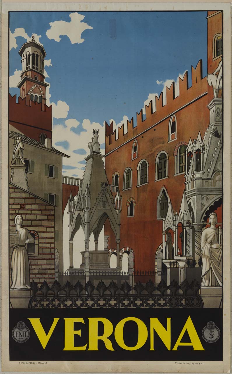 Verona, arche Scaligere di Cansignorio e Mastino II della Scala, con la facciata laterale del palazzo del Podestà e la torre dei Lamberti sullo sfondo (manifesto) - ambito italiano (sec. XX)